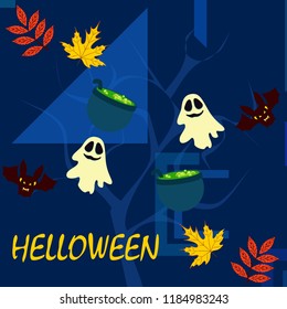 Halloween autumn fallen leaves cauldron witch bat spirit vector