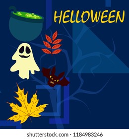 Halloween autumn fallen leaves cauldron witch bat spirit vector