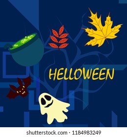 Halloween autumn fallen leaves cauldron witch bat spirit vector