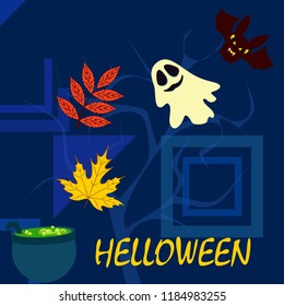 Halloween autumn fallen leaves cauldron witch bat spirit vector