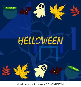 Halloween autumn fallen leaves cauldron witch bat spirit vector