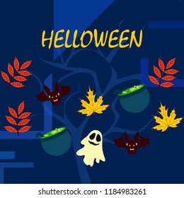 Halloween autumn fallen leaves cauldron witch bat spirit vector