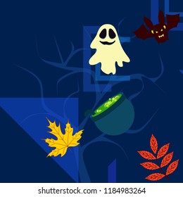 Halloween autumn fallen leaves cauldron witch bat spirit vector