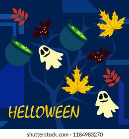 Halloween autumn fallen leaves cauldron witch bat spirit vector