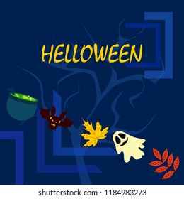 Halloween autumn fallen leaves cauldron witch bat spirit vector