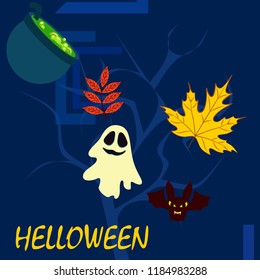 Halloween autumn fallen leaves cauldron witch bat spirit vector