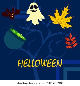 Halloween autumn fallen leaves cauldron witch bat spirit vector