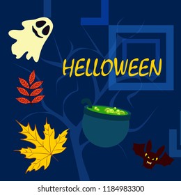 Halloween autumn fallen leaves cauldron witch bat spirit vector