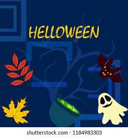 Halloween autumn fallen leaves cauldron witch bat spirit vector