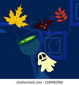 Halloween autumn fallen leaves cauldron witch bat spirit vector