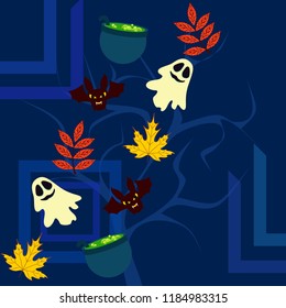 Halloween autumn fallen leaves cauldron witch bat spirit vector