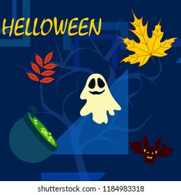 Halloween autumn fallen leaves cauldron witch bat spirit vector