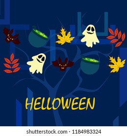 Halloween autumn fallen leaves cauldron witch bat spirit vector