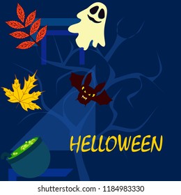 Halloween autumn fallen leaves cauldron witch bat spirit vector