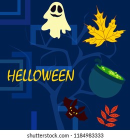 Halloween autumn fallen leaves cauldron witch bat spirit vector
