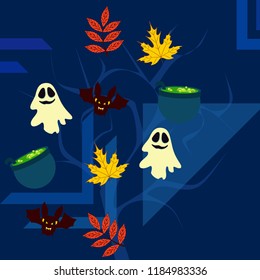 Halloween autumn fallen leaves cauldron witch bat spirit vector