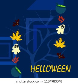 Halloween autumn fallen leaves cauldron witch bat spirit vector