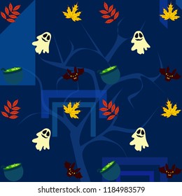 Halloween autumn fallen leaves cauldron witch bat spirit vector