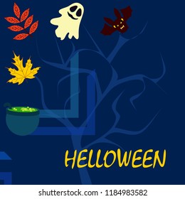 Halloween autumn fallen leaves cauldron witch bat spirit vector