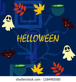 Halloween autumn fallen leaves cauldron witch bat spirit vector