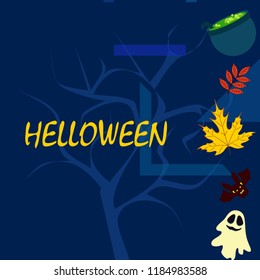 Halloween autumn fallen leaves cauldron witch bat spirit vector