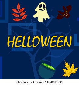 Halloween autumn fallen leaves cauldron witch bat spirit vector