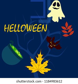 Halloween autumn fallen leaves cauldron witch bat spirit vector