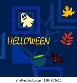 Halloween autumn fallen leaves cauldron witch bat spirit vector