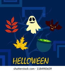 Halloween autumn fallen leaves cauldron witch bat spirit vector