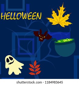 Halloween autumn fallen leaves cauldron witch bat spirit vector