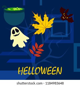 Halloween autumn fallen leaves cauldron witch bat spirit vector