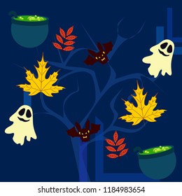 Halloween autumn fallen leaves cauldron witch bat spirit vector