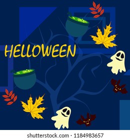 Halloween autumn fallen leaves cauldron witch bat spirit vector