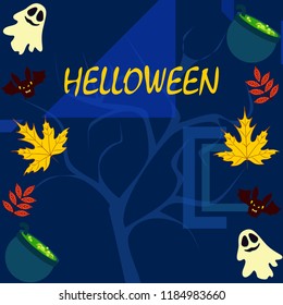 Halloween autumn fallen leaves cauldron witch bat spirit vector