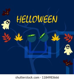Halloween autumn fallen leaves cauldron witch bat spirit vector
