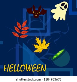 Halloween autumn fallen leaves cauldron witch bat spirit vector