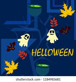 Halloween autumn fallen leaves cauldron witch bat spirit vector