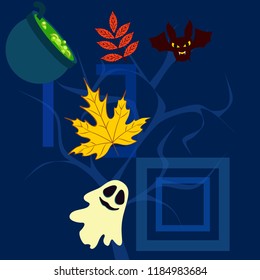 Halloween autumn fallen leaves cauldron witch bat spirit vector