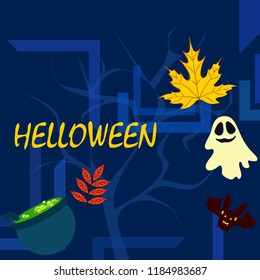 Halloween autumn fallen leaves cauldron witch bat spirit vector