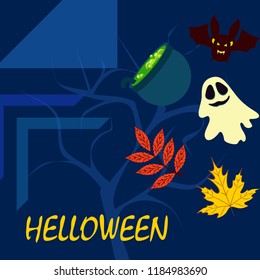 Halloween autumn fallen leaves cauldron witch bat spirit vector