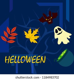 Halloween autumn fallen leaves cauldron witch bat spirit vector