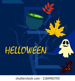 Halloween autumn fallen leaves cauldron witch bat spirit vector