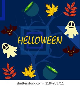 Halloween autumn fallen leaves cauldron witch bat spirit vector
