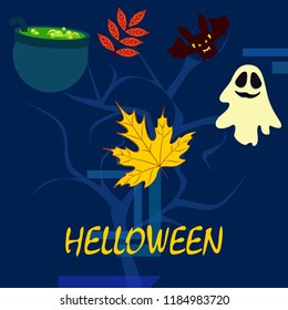 Halloween autumn fallen leaves cauldron witch bat spirit vector