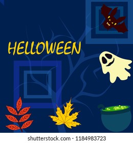 Halloween autumn fallen leaves cauldron witch bat spirit vector