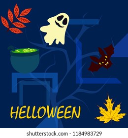 Halloween autumn fallen leaves cauldron witch bat spirit vector