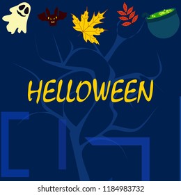 Halloween autumn fallen leaves cauldron witch bat spirit vector