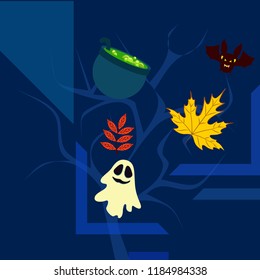 Halloween autumn fallen leaves cauldron witch bat spirit vector