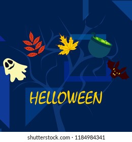 Halloween autumn fallen leaves cauldron witch bat spirit vector
