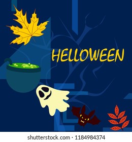 Halloween autumn fallen leaves cauldron witch bat spirit vector